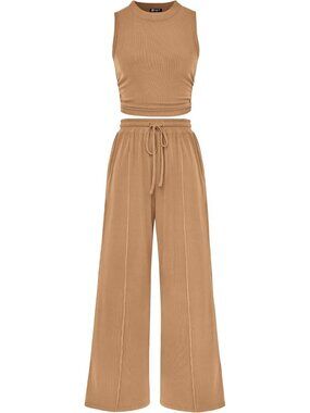Women's Camel 2 Piece Outfits Ribbed Knit Lounge Sets Tracksuit Sleeveless